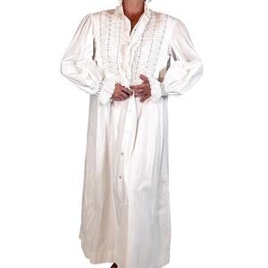 Antique 1900s Edwardian White Cotton Night Gown Balloon Sleeves Eyelet Trim